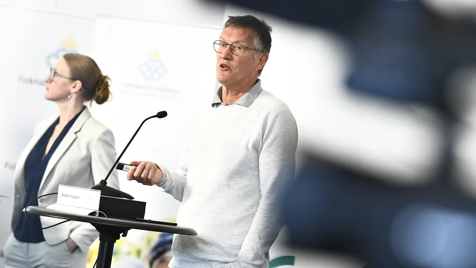 Anders Tegnell, statsepidemiolog på Folkhälsomyndigheten, närvarar vid den dagliga myndighetsgemensamma pressträffen. Arkivbild.