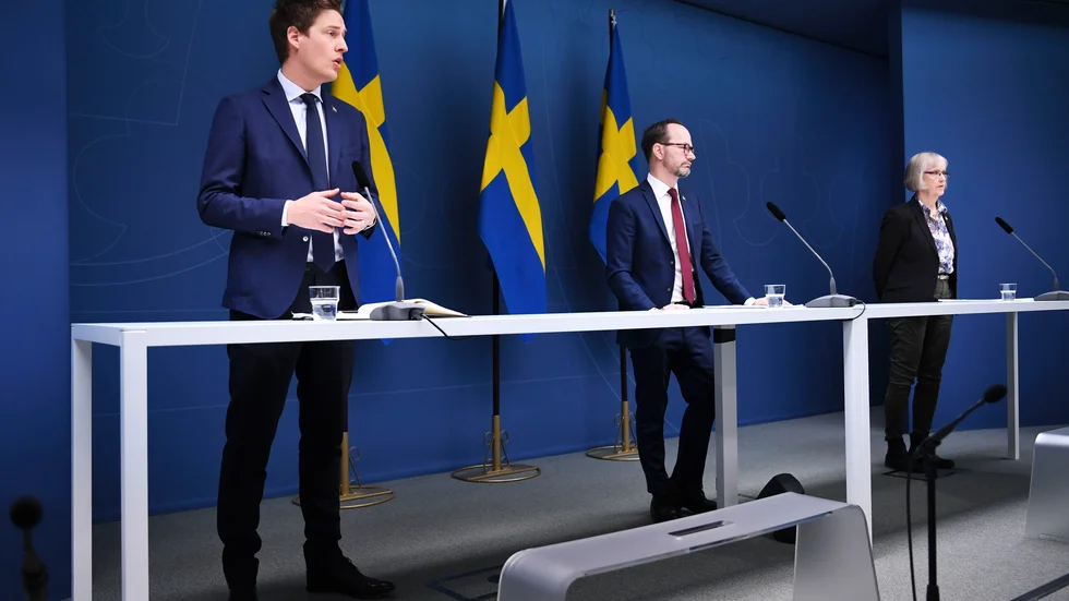 Emil Källström, Tomas Eneroth och Lena Erixon under gårdagens presskonferens.