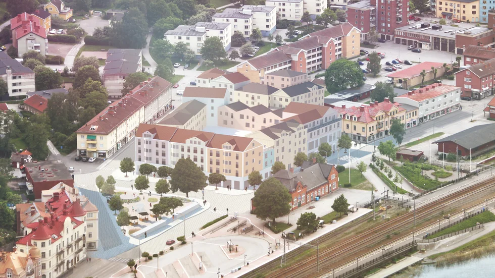 Den här tidiga arkitektskissen över ett möjligt framtida centrumkvarter i Gnesta föll Arkitektupproret i smaken.