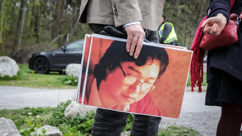 Stödmanifestation för den fängslade bokförläggaren Gui Minhai utanför Kinas ambassad. Arkivbild.