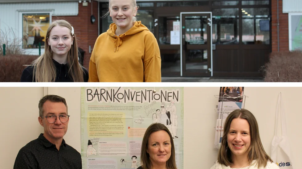 Övre bilden i montaget: Tess Frid (till vänster) är ordförande och Allis Nilsson är vice ordförande i Vimarskolans elevråd. 
Nedre bilden: Anders Degerman, Camilla Karsson och Anja Persson 