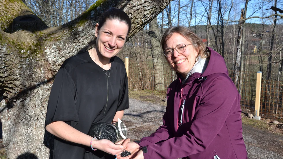 Företagaren Lotta Ek, vd på Ecotopic i Krokek, visar Anna Edebo, ordförande i Centerkvinnorna i Norrköping, exempel på biokol.