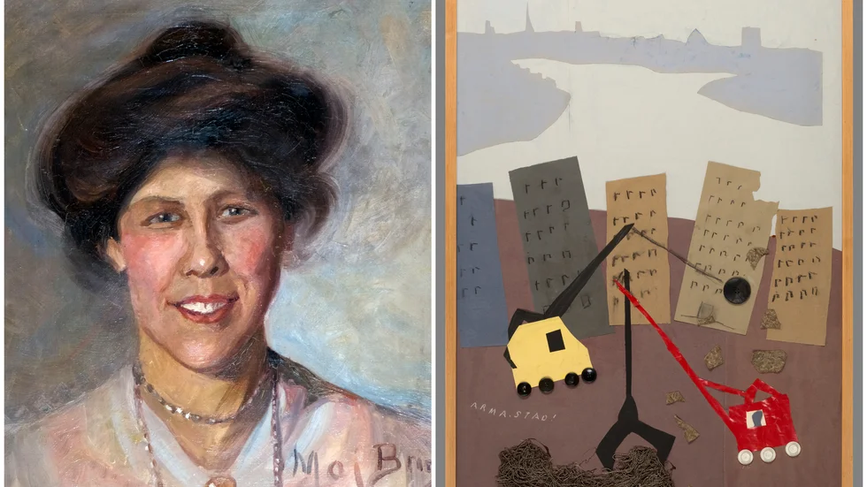 Till vänster: "Självporträtt", olja på duk, 1905. Tillhör Anders Ögrens samling. Till höger: "Arma stad", collage, 1966. Tillhör Stockholms stads konstsamling. 