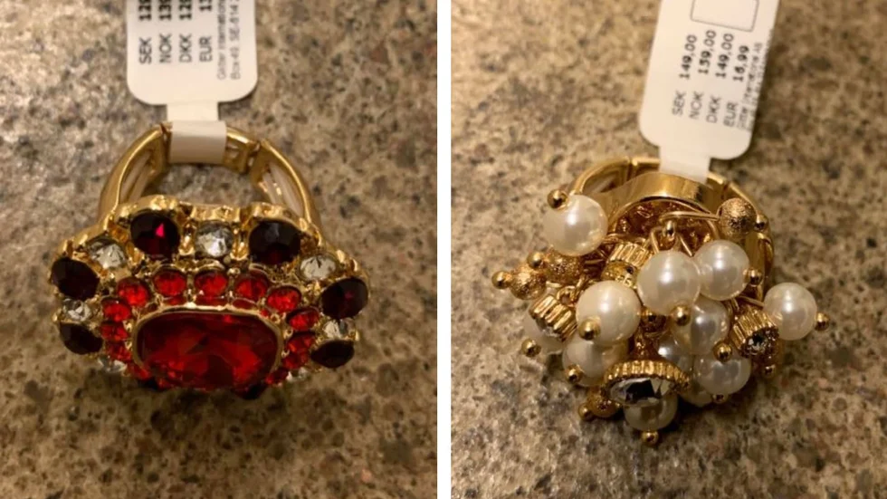 En 36-årig kvinna ertappades med att stjäla två ringar i en butik i I-huset. (Bilderna är hämtade ur förundersökningen.) 