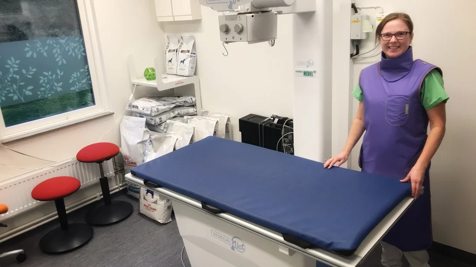 Den tunga och lila västen ska man ha på sig i röntgenrummet, enligt veterinären Jessica Hedenskog. 