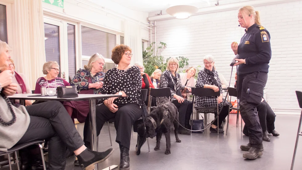 Flatcoated retreivern Irma letar sig runt bland Inner wheels medlemmar. Vid Katrine Plans handväska markerar hon att det finns narkotika. Den har matte Madeleine Carlström planterat där på förhand.